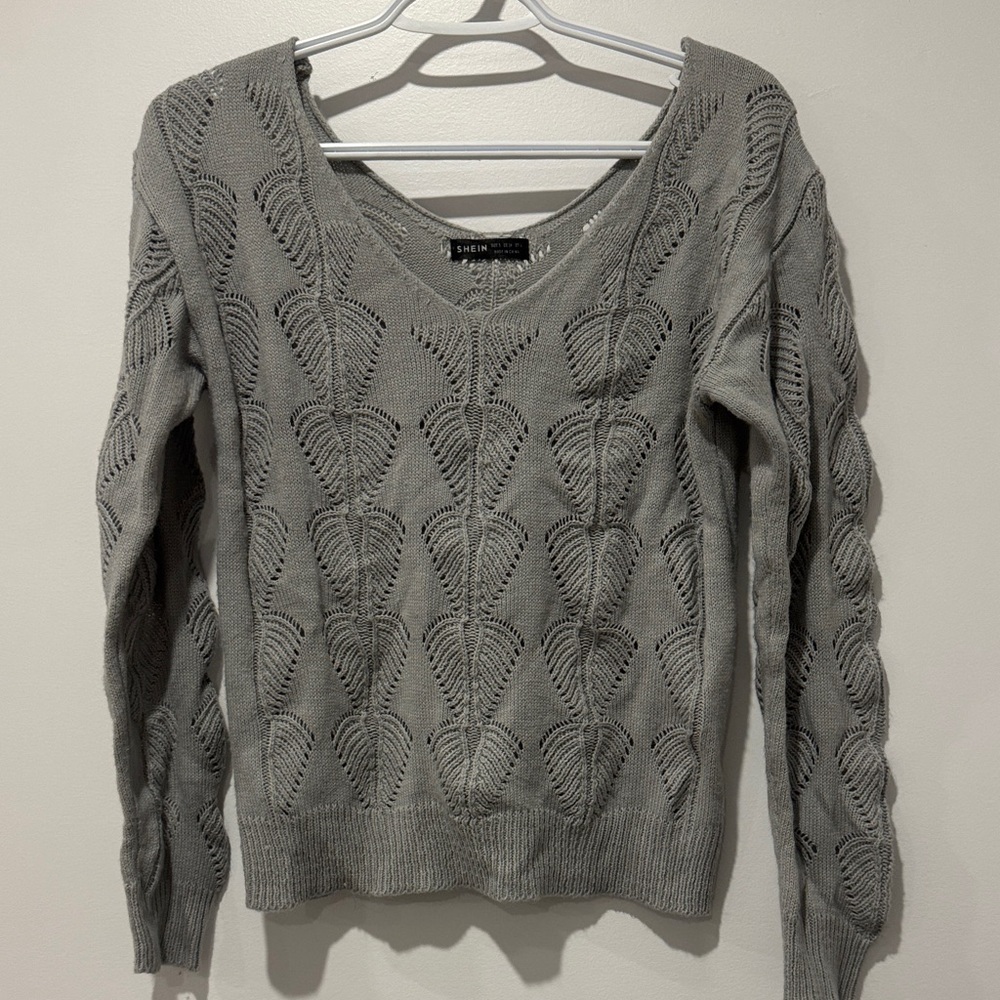 Gray V-Neck Sweater with Leaf Design